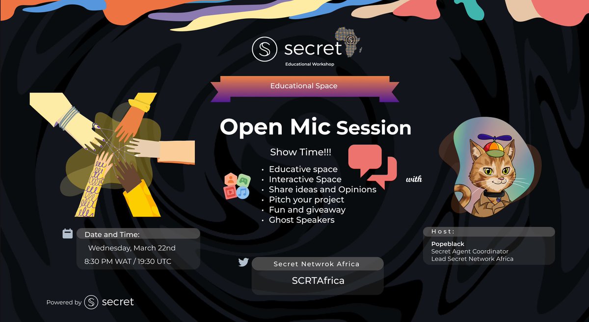 SCRTAfrica's tweet photo. Join #SCRTAfrica Educational Open Mic Session Today,  at 19:30 UTC / 8:30 PM WAT, we would discuss:

🟢 Web3 Debate

🟢 Educational Talk 

🟢 Interactive session

🟢Fun and Giveaway

Host🎙️ @thepopeblack

RSVP: https://t.co/GpJtqB7bAe 
 
$SCRT https://t.co/jCgwxelatd