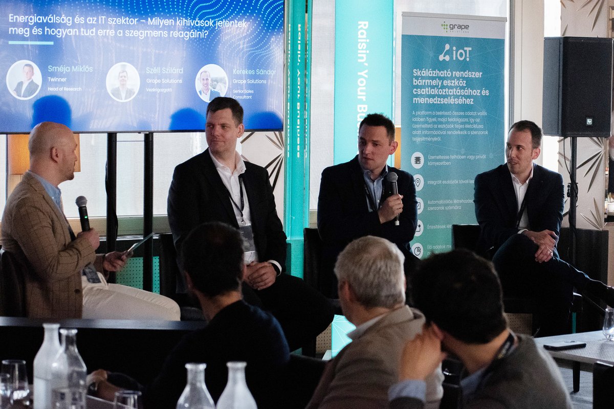 Grape_Solutions's tweet image. In the first panel of the business breakfast, we discussed the connection between the energy crisis and IT. Our guests were Szilárd Széll, CEO of Grape Solutions, Miklos Smeja, Head of Research at Twinner Group and Sándor Kerekes, Senior Sales Consultant. #energycrisis