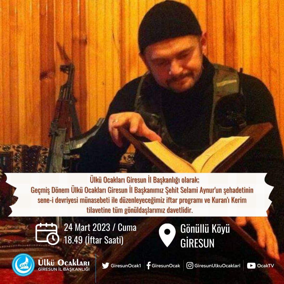 OzcanErkan6's tweet photo. Geçmiş dönem İl Ocak Başkanımız, Şehidimiz Selami Aynur’un şehadetinin sene-i devriyesi münasebetiyle kabri başında düzenleyeceğimiz iftar programı ve Kur’an-i Kerim tilavetine tüm gönüldaşlarımız davetlidir.

📍Keşap Gönüllü Köyü https://t.co/97nFJHUPOr