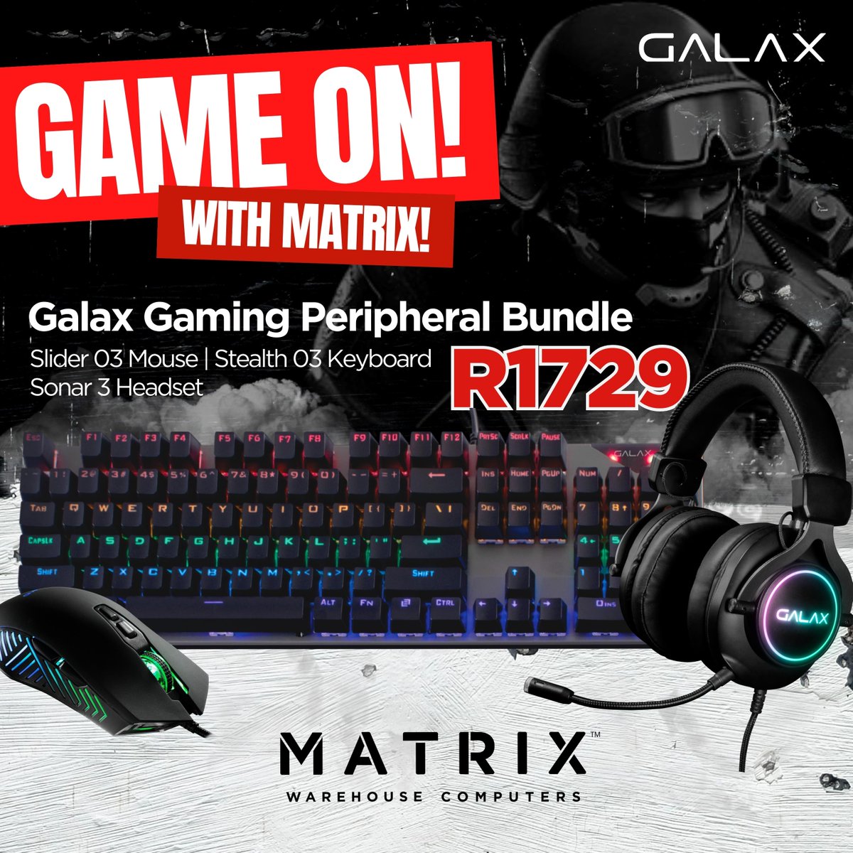 MatrixWarehouse's tweet image. Whether you&apos;re a seasoned pro or just starting out, this bundle has everything you need to dominate your opponents.⚔

Get yours 👉 matrixwarehouse.co.za/product/galax-…

#Matrixwarehouse #Galax #Keyboard #Mouse #Headset #Gaming #Gamer #Home #Office #Business #Student  #Innovation #Computers