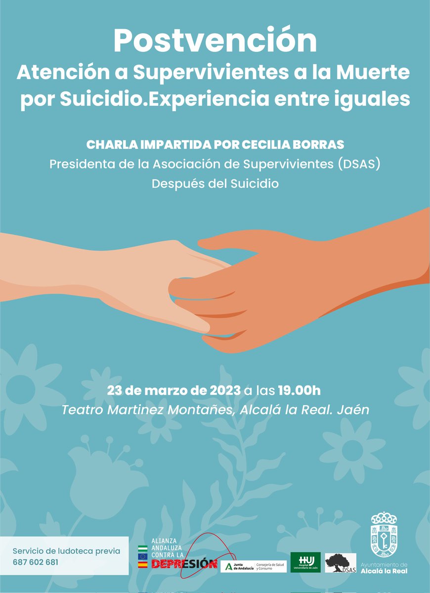 CIBERSAM_G21's tweet photo. Postvención "Atención a Supervivientes a la Muerte por Suicidio. Experiencia entre iguales"

🗣️ Cecilia Borràs, presidenta de la @AsociacionDSAS 
🗓️ 23 marzo, 19:00h
📍 Teatro Martínez Montañés.

Ayto. de @Alcala_la_Real, Alianza Andaluza @EAAD_Best project, @Psy_Nal y @CIBER_SAM https://t.co/ClD27qx2fu