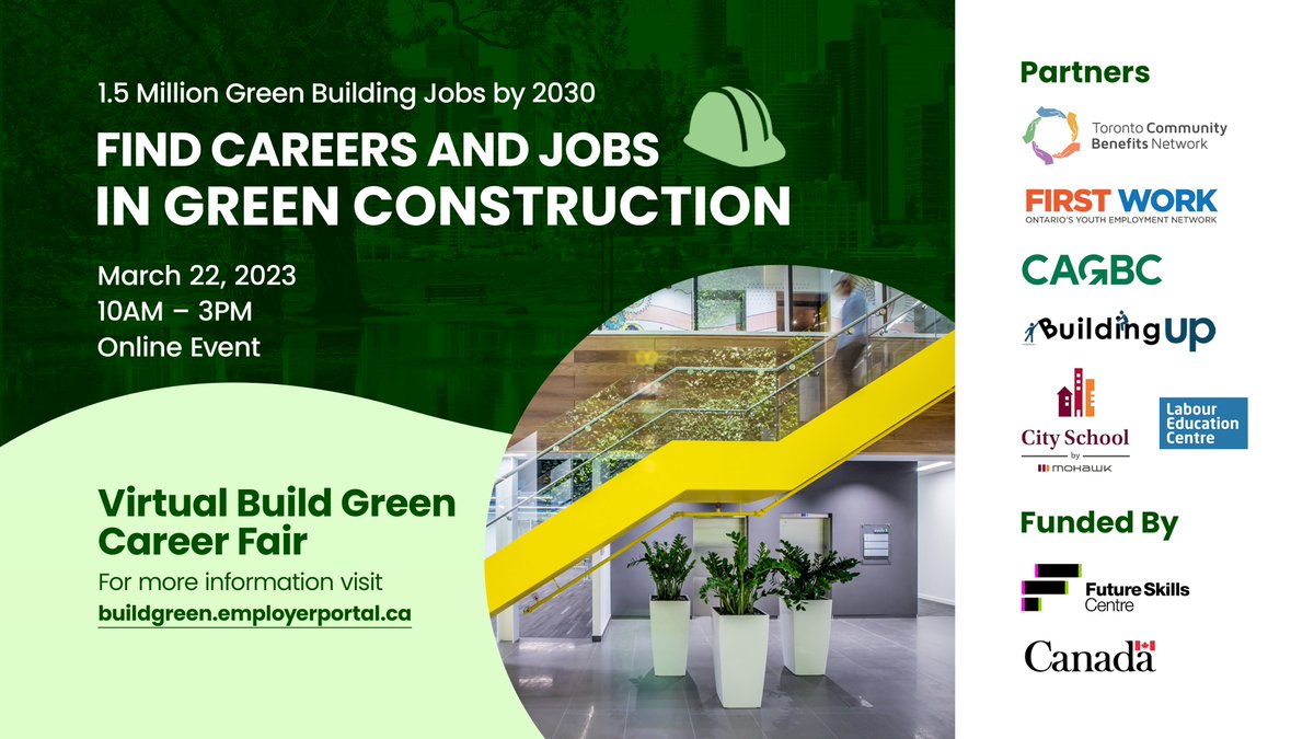 Meet recruiting companies offering training in #greenbuilding and explore exciting career opportunities at @TCBN_TO's online Build Green Career Fair today. RSVP now: ow.ly/pa4t50NoTVe 
Funded by @fsc_ccf_en