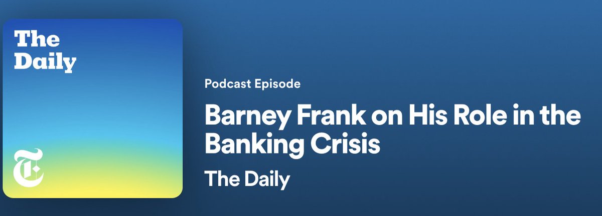 WOOW <a href="/davidenrich/">David Enrich</a> - your interview with Barney Frank. I was LIVING for it 👏 You pushed &amp; challenged him &amp; didn't stop

Curious how the creator of Dodd-Frank helped weaken it and its role in our current banking crisis? 

Highly recommend this morning's The Daily w <a href="/mikiebarb/">Michael Barbaro</a>