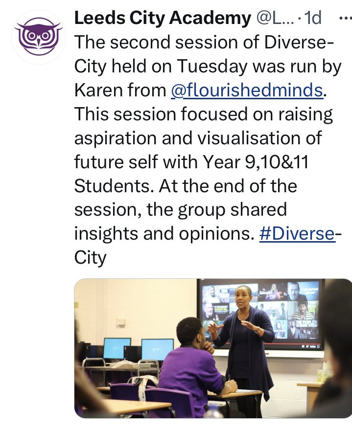 Karen Cruise Young people’s coach (@cruisecoaching) on Twitter photo Honoured <a href="/flourishedminds/">Life Coaching For Young People</a> has been asked to be part of this ❤️ - supporting our black boys to tap into their potential & be aspirational 👏🏽
Well done Wayne Niles <a href="/LeedsCityWay/">Leeds City Academy</a>. you’re a fabulous role model for our boys as a black teacher; rare sight!
#RepresentationMatters Honoured <a href="/flourishedminds/">Life Coaching For Young People</a> has been asked to be part of this ❤️ - supporting our black boys to tap into their potential & be aspirational 👏🏽
Well done Wayne Niles <a href="/LeedsCityWay/">Leeds City Academy</a>. you’re a fabulous role model for our boys as a black teacher; rare sight!
#RepresentationMatters