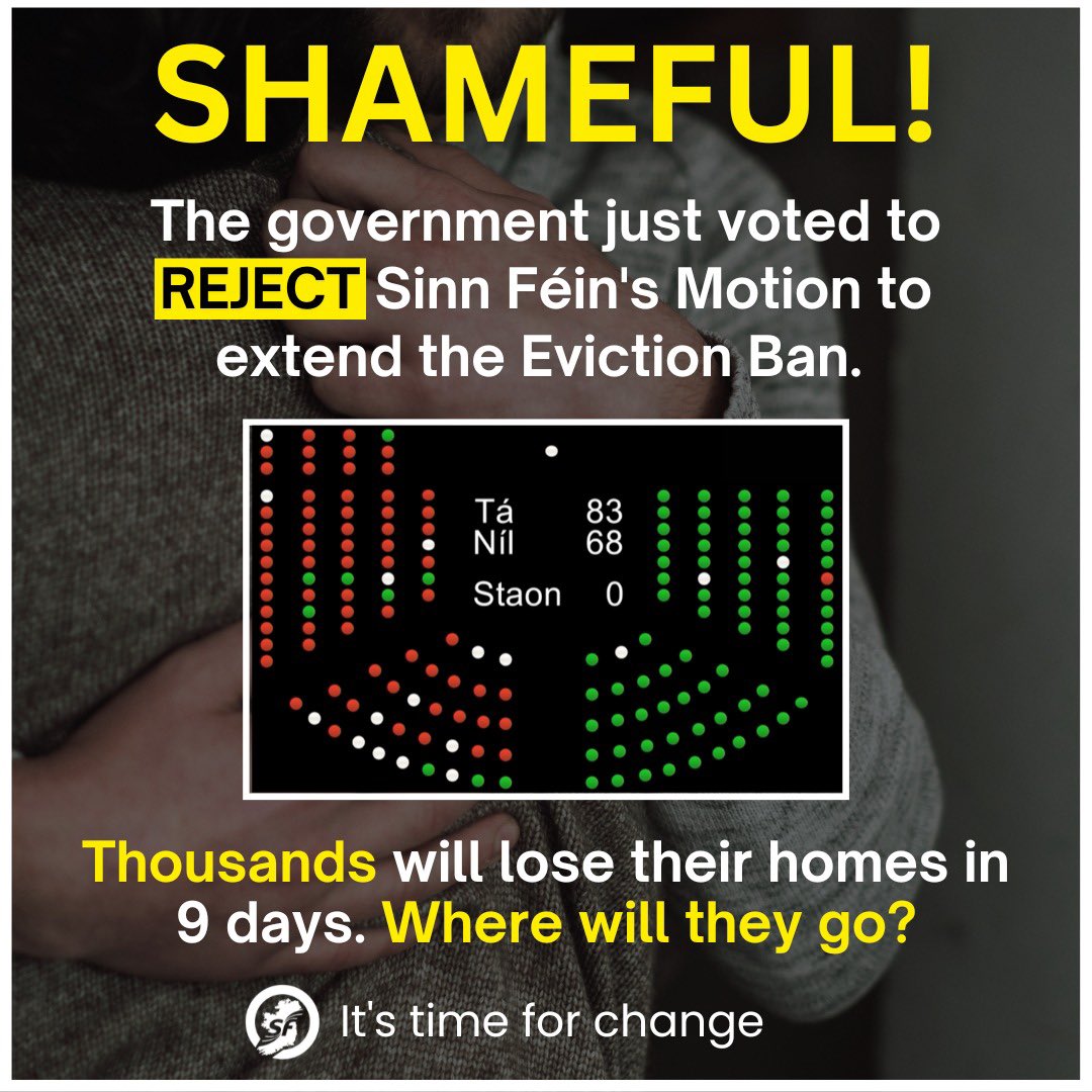 🚨 THIS IS A DISGRACE! Cork Fine Gael and Fianna Fáil TDs have just voted to evict at least 500 families &amp; individuals in Cork from April 1st. Where are those people meant to go?They’ve voted to escalate a housing crisis that was already out of control. Shame on them!