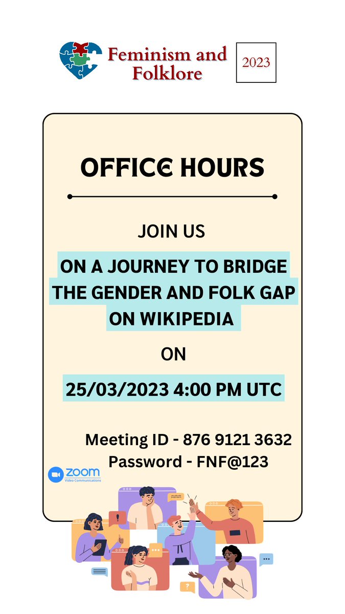 Join us on a journey to bridge the gender and folk gap. Explore new ways during the office hours of Feminism and Folklore International Writing competition held annually on <a href="/Wikipedia/">Wikipedia</a> 

🗓️ 25th March 2023
🕓 4:00 Pm UTC

Sign up : meta.wikimedia.org/wiki/Feminism_…
#FeminismandFolklore2023