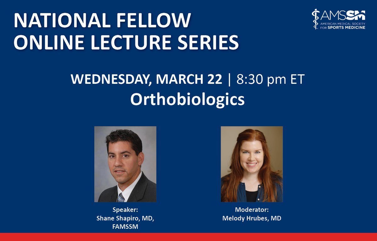 AMSSM members: Join Dr. <a href="/ShaneShapiroMD/">Shane Shapiro</a> later today at 8:30 pm ET for a presentation on Orthobiologics as part of the AMSSM National Fellow Online Lecture Series. Visit collaborate.amssm.org to find the link.