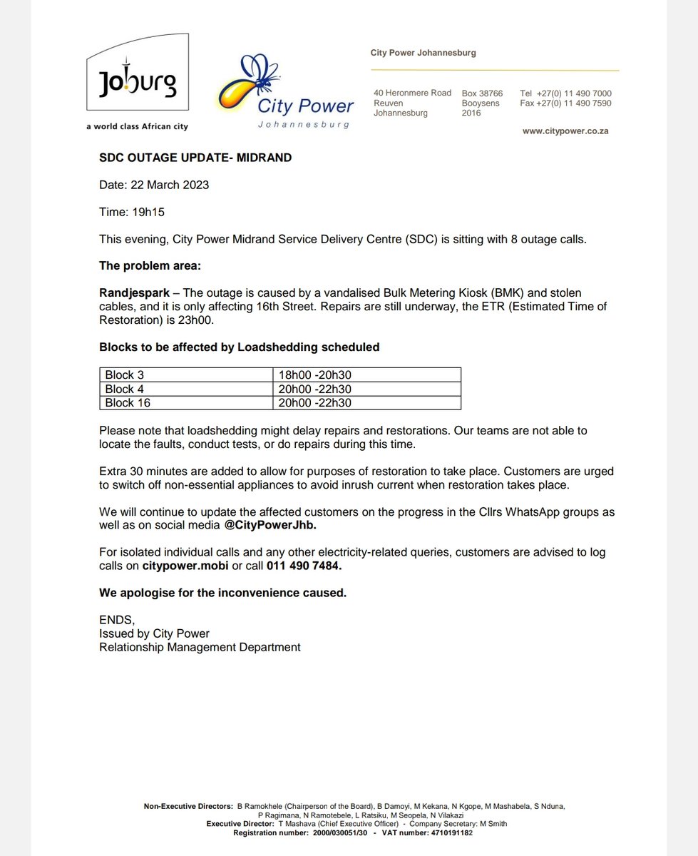 CityPowerJhb's tweet photo. Region A #MidrandOutages

#Randjespark Update 👇^DR https://t.co/MsaEpg5r2j