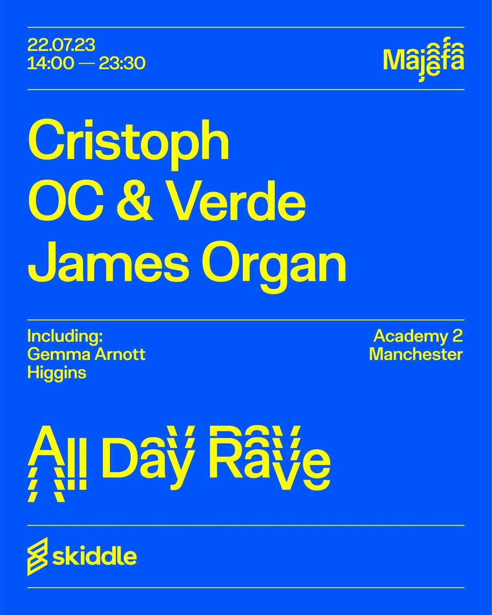 🧊 NEW &amp; ON SALE: <a href="/Majefa/">Majefa</a> All Day Rave with <a href="/Cristophmusic/">Cristoph</a> &amp; <a href="/OCandVerde/">OC & Verde</a>
 
📆 Saturday 22nd July

📍 Academy 2

TICKETS | buff.ly/406sUS5