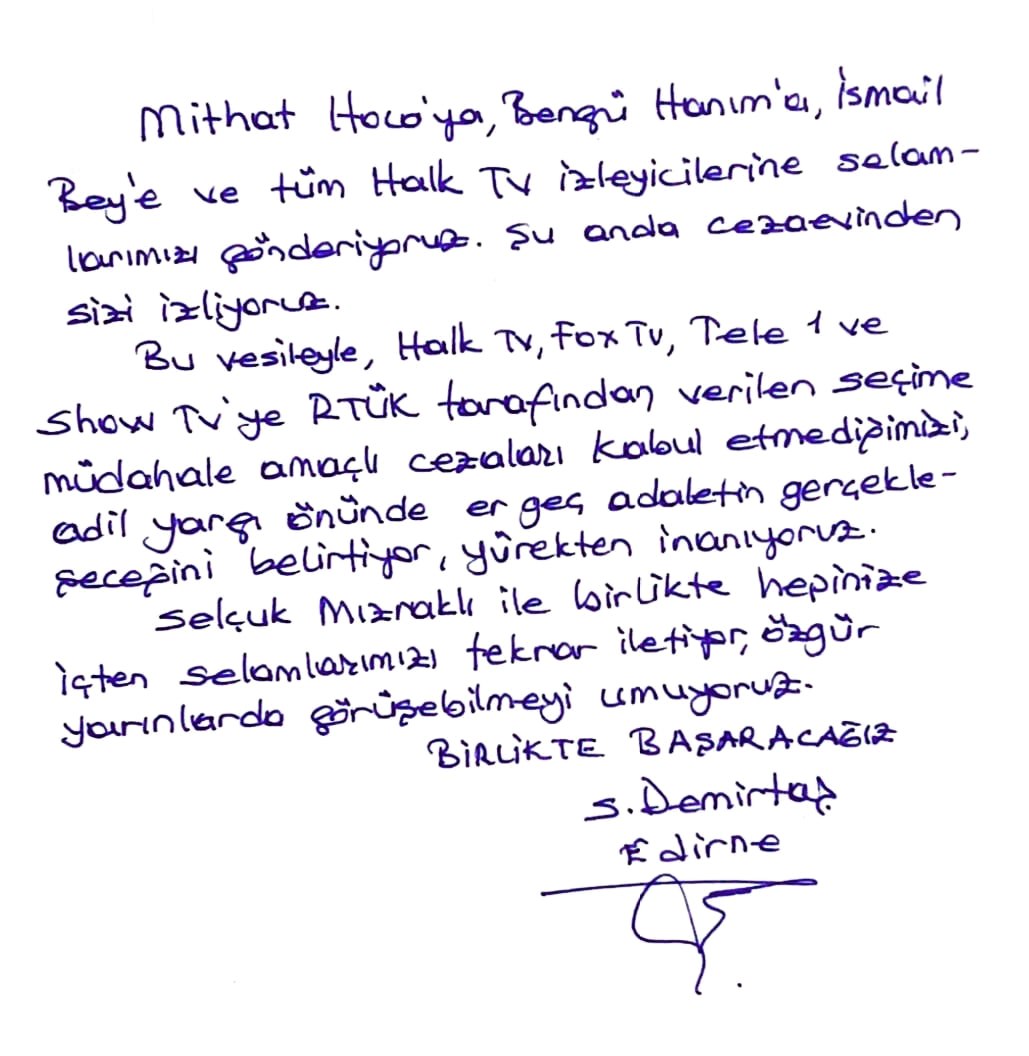 hdpdemirtas's tweet photo. Halk TV izleyicilerine selamlarımla. @mithatsancarr @bengushap @KucukkayaIsmail İyi yayınlar. https://t.co/0xR9gVMQ8I