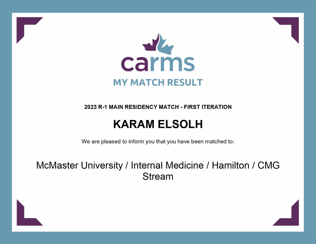 Super excited to be joining <a href="/McMasterIntMed/">McMaster IM Residency Program</a> for Internal Medicine!  

Thank you to all my mentors and teachers who have supported me along the way!