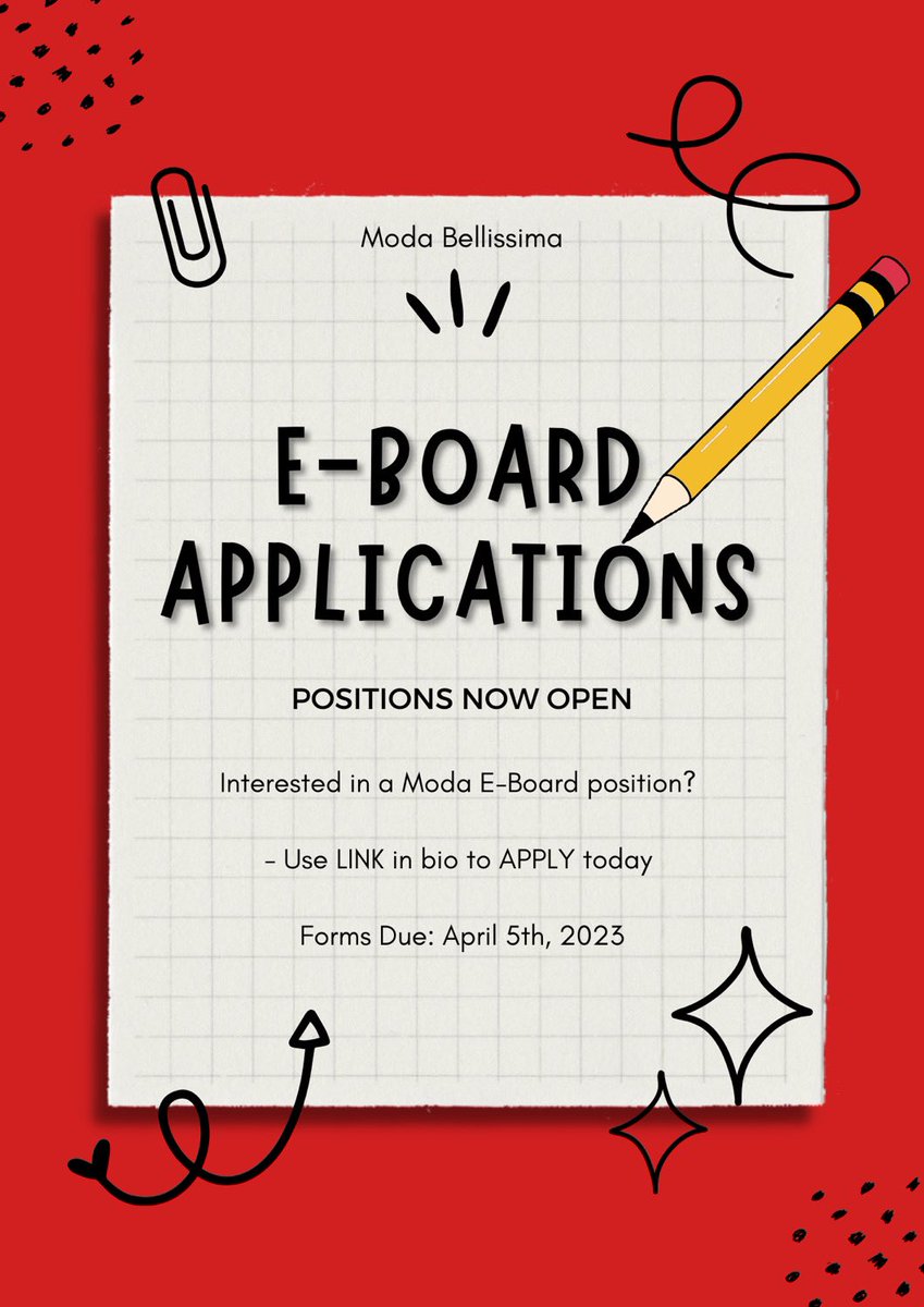 MODA_B's tweet photo. Hey Moda Fam❤️, as we know this year is almost at a close so that means we have E-Board Positions available! 

If you feel like you’ll be a great addition to our family, please apply for any position that suits you best!!!👠

Open to all classes✨

https://t.co/cicWOMIHqs https://t.co/im6LAsoZCW