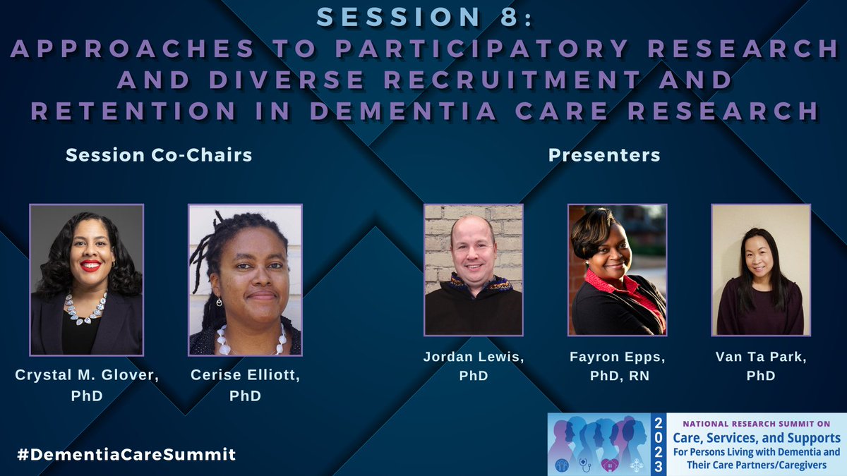 It’s time for Session 8 of the 2023 #DementiaCareSummit, “Approaches to Participatory Research and Diverse Recruitment and Retention in Dementia Care Research”, co-chaired by @CGster &amp; Cerise Elliott. Presenters incl. <a href="/jpmclewis/">Jordan P. Lewis</a>, @Vantapark, &amp; Fayron Epps: videocast.nih.gov/watch=49315