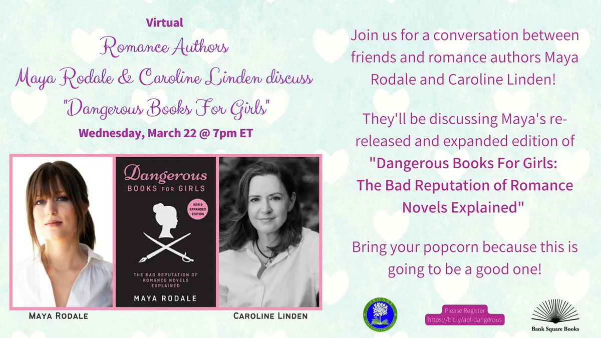mayarodale's tweet photo. Danger! Scandal! Romance! Tonight!  I'm talking about the dangerous reputation of romance novels with @Caro_Linden and @ashlandlibma at 7pm this evening. Fetch your smelling salts and register here: https://t.co/ckbYWA5czq https://t.co/sbBsiUfSgR