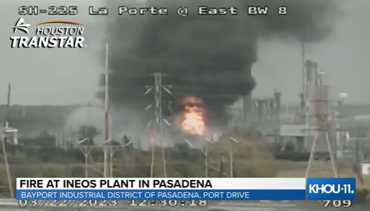 KHOU's tweet photo. BREAKING: There's a fire burning and reports of an explosion at the INEOS plant in Pasadena. We're working to gather information now. 

Live stream: https://t.co/RVWK69n45J https://t.co/NBojqSK8wl