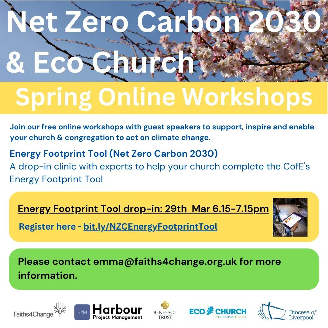 **Next Week** Free online workshop - Energy Footprint Tool drop-in 29th Mar 6.15-7.15pm Diocesan Environmental Officer Phil Leigh will be joining us to answer your questions about using the EFT to measure your church's carbon footprint. Register now: bit.ly/NZCEnergyFootp…