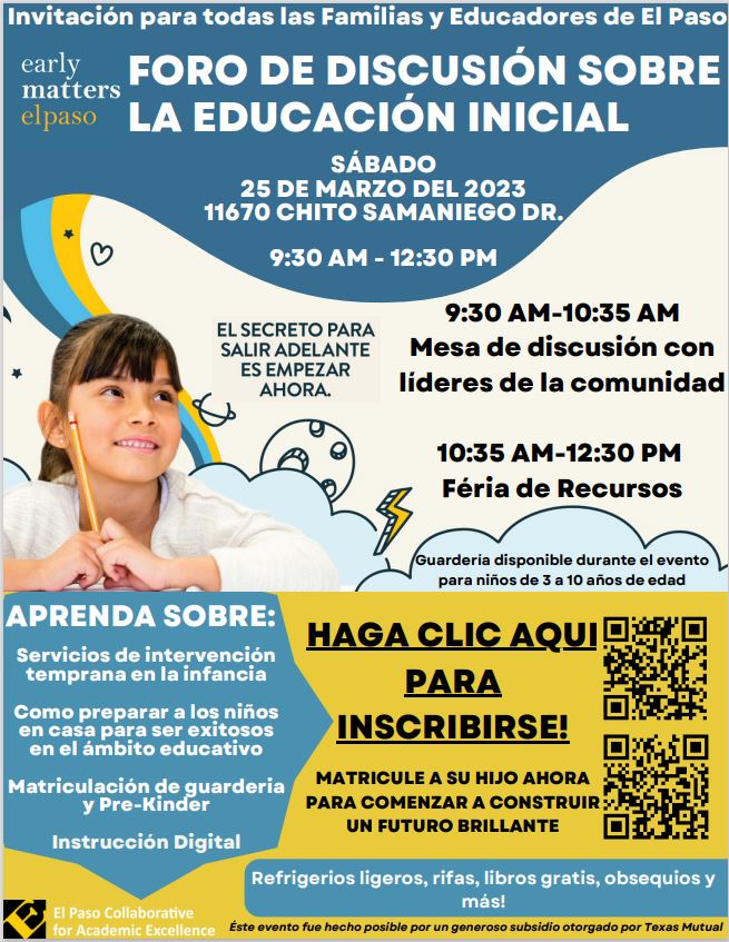Join us this Saturday, March 25, 2023 for the Early Matters- Early Childhood Forum and Resource Fair! 
11670 Chito Samaniego Dr.
9:30 AM - 12:30 PM

We hope to see you there!!
#EPISD #Itstartswithus #EarlyChildhood