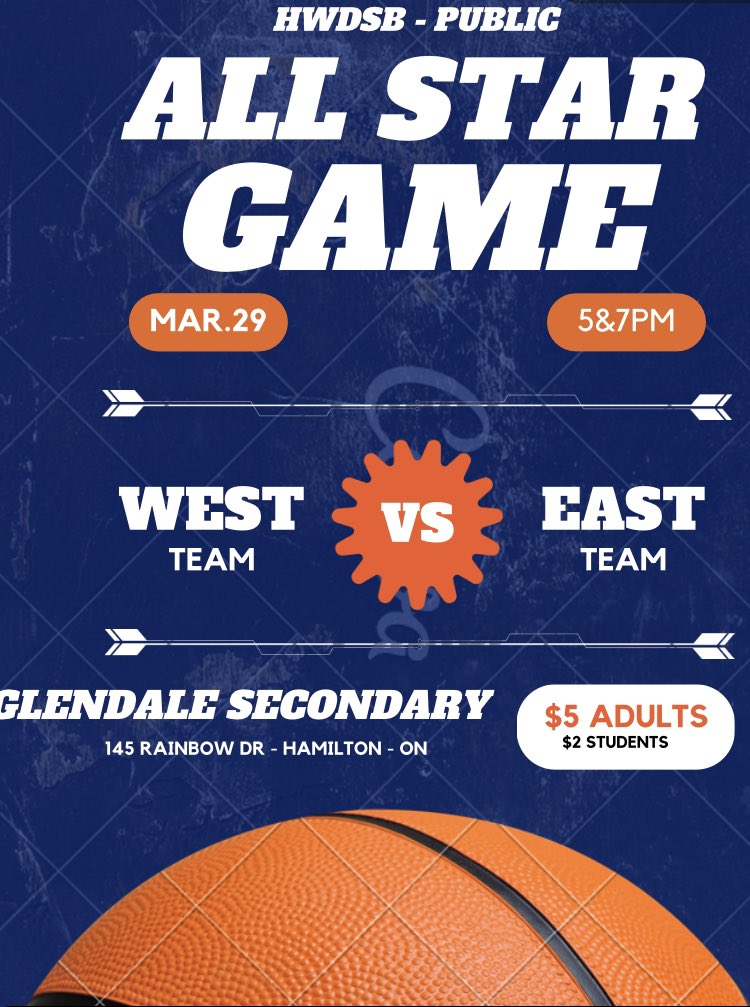 tish_6's tweet photo. HWDSB All-Star Game at Glendale Secondary!  5pm Jr. &amp; 7pm Sr.  It’s the best of the EAST vs WEST - Don’t miss this!
Wednesday March 29th https://t.co/ELfdXxGAcP