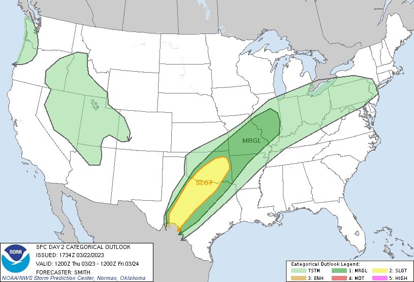 NWS Storm Prediction Center on Twitter "1236pm CDT SPC Day2 Outlook Slight Risk for parts of