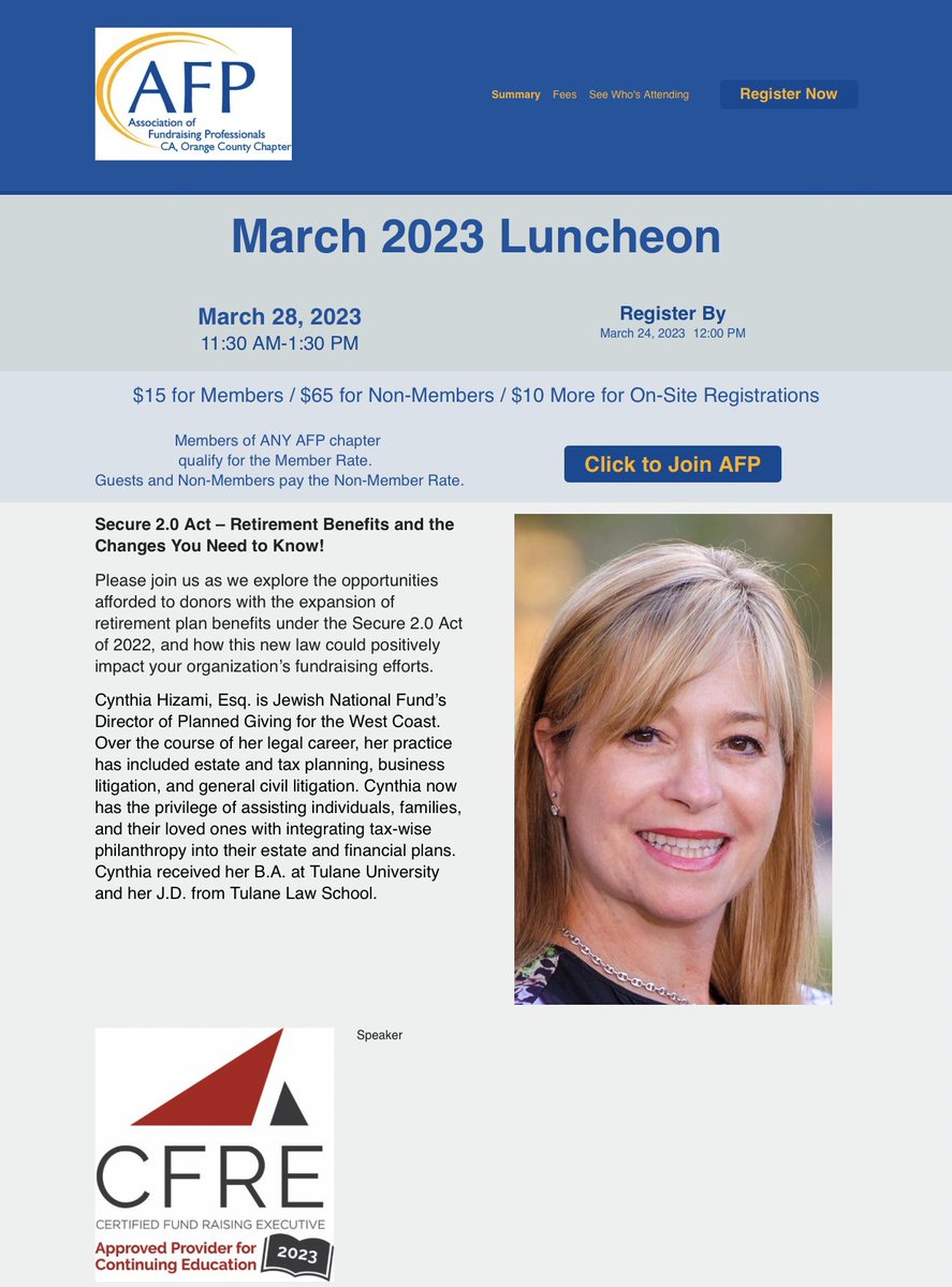 AFPOrangeCounty's tweet image. Don't miss this month's AFPOC Educational Luncheon at the beautiful Hyatt Huntington Beach.

To register: bit.ly/AFPOCMar2023

#fundraising #law #legal #nonprofits #cfre