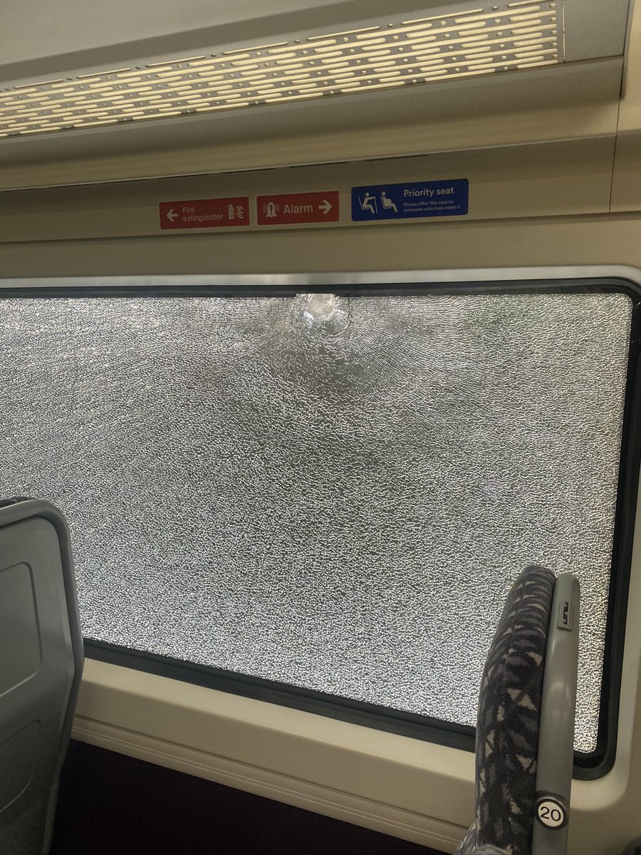 perrywbu's tweet photo. @BTP @WestMidRailway I’m trying to get through about reporting this crime. Your operators are all busy &amp; all staff are no help. I was sat on the 16:42 train from Shirley to Bham Moor St when a rock hit the train &amp; shattered the glass. A bit of glass hit my head and I’m shaken up. https://t.co/pUmBXOtEgV