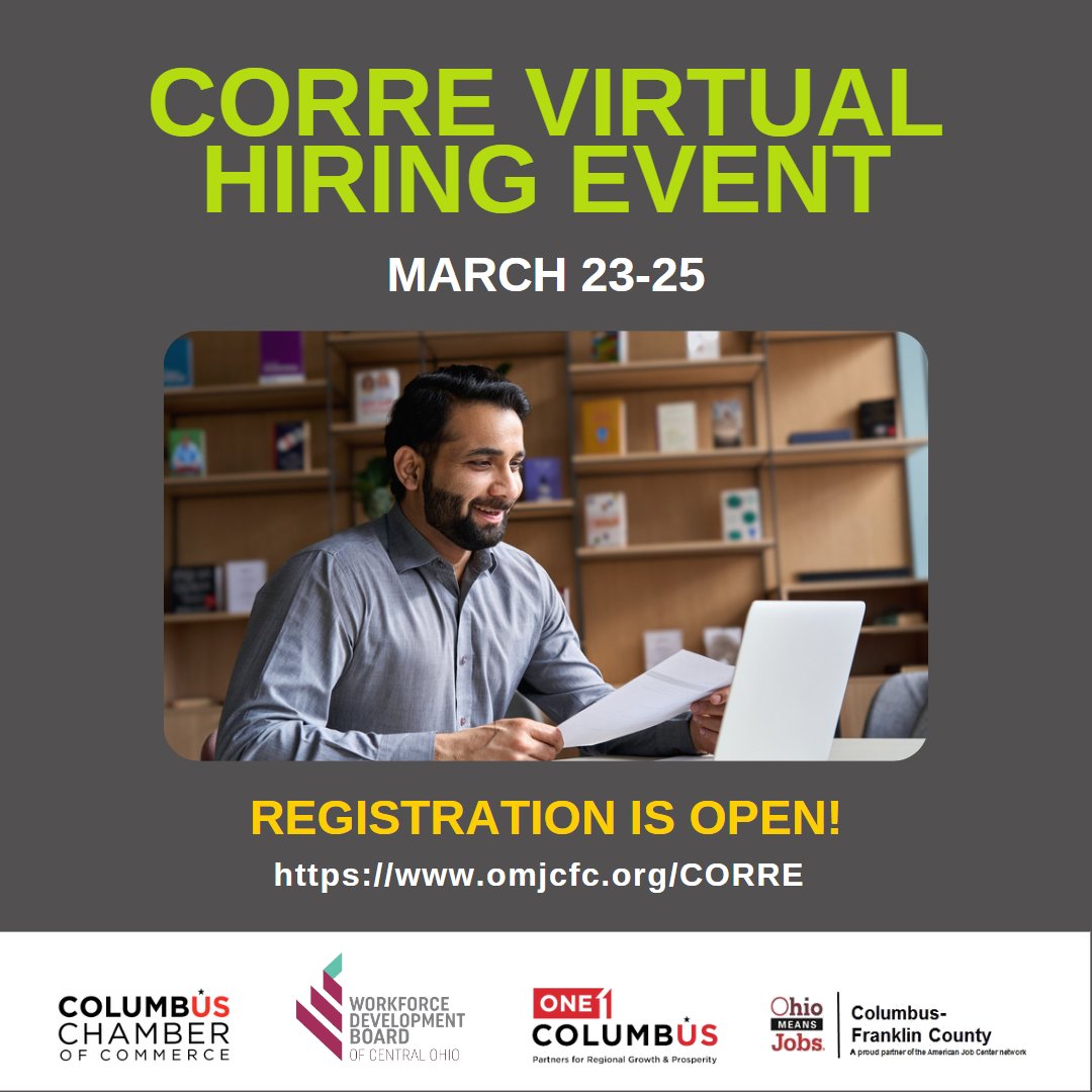 💥 Registration now open! 💥 Looking for your next great career opportunity with a great Central Ohio employer? Registration is now open for our March CORRE Virtual Hiring Event that runs from Mar 23-25. Visit omjcfc.org/job-seeker-ser… to learn more and create your account!