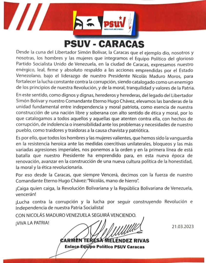 COMUNICADO | 

PSUV Caracas expresa su respaldo a la batalla emprendida por el presidente Nicolás Maduro contra la corrupción bit.ly/40uJTwS

<a href="/gestionperfecta/">Carmen Meléndez</a>
<a href="/PARTIDOPSUVCCS/">CARACASPSUV</a> 
#CeroToleranciaALaCorrupción