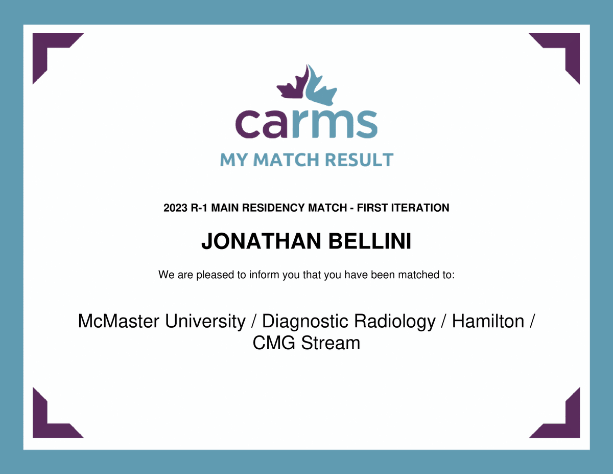 Jon_Bellini's tweet photo. So excited to be continuing my training at McMaster University and to join the @RadsMac team for the next 5 years!! Thank you to all who supported me throughout this journey!  #carms2023 https://t.co/ogLBMA9LeQ