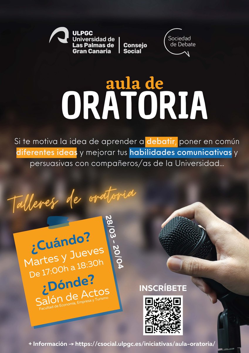 csocial_ulpgc's tweet photo. La Sociedad de Debate de la @ULPGC, que promueve el Consejo Social, pone en marcha el Aula de Oratoria - Inscripción gratuita hasta el 27 de marzo 👉https://t.co/VNCP5nQUWn

@EducacionCan 
@bulpgc 
@conferenciacs 
#ULPGCExcelente https://t.co/O7h5w81sPy