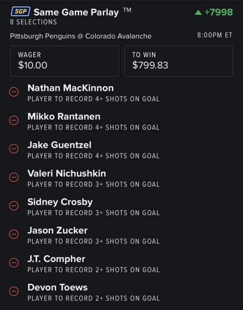 Chedzz's tweet photo. COL vs PIT SGP on FD 🐧🏔️

I may be busy moving but I need something to sweat out so here we are.

Will do a UD Game Stack on EDM / ARI and call it a day.

#NHLPicks #GamblingTwitter https://t.co/EcplktvvWJ