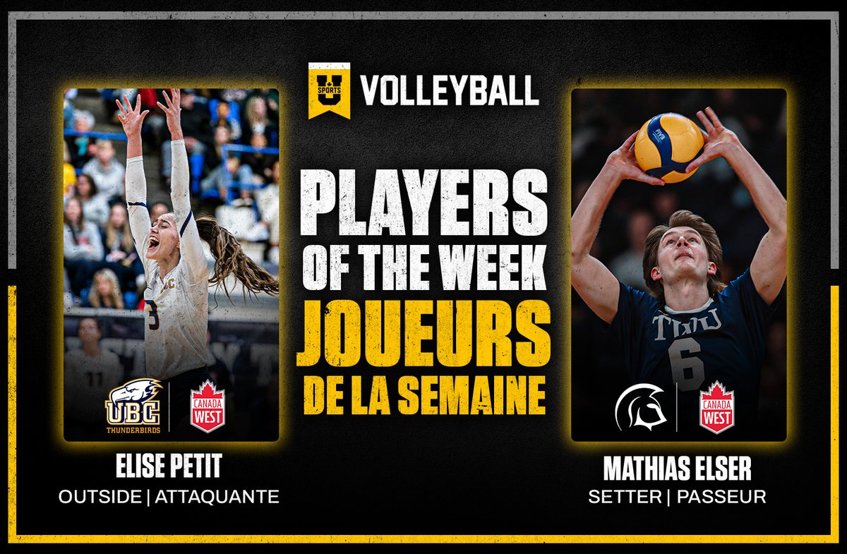 🏐 UBC’s Petit and Trinity Western's Elser named U SPORTS volleyball players of the week

🏐 Petit de l'@ubctbirds et Elser de @TWUSpartans sont les joueurs de volleyball de la semaine de U SPORTS

#ChaseTheGlory #ViserHaut