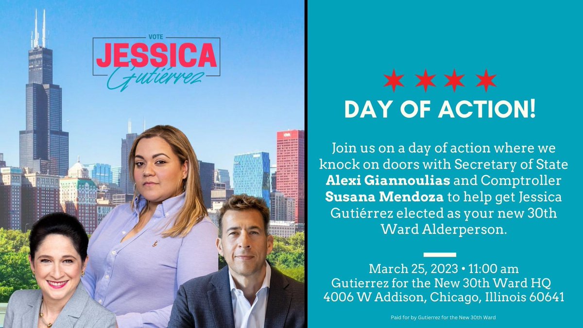 Jessicafor30's tweet photo. Join #TeamJessica and Comptroller Susana Mendoza and Secretary of State Alexi Giannoulias for a Day of Action to support Jessica Gutiérrez for 30th Ward Alderperson!

Sign up to volunteer here - https://t.co/jstdyf7D1c https://t.co/CG9TNdbHIq