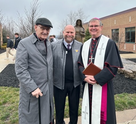 DeaconRWagner's tweet photo. Blessed to have a two-bishop day @GuerinCatholic ! Bishop Doherty and Bishop Emeritus Higi joined us for the blessing of our new Mother Guerin statue! https://t.co/lgdBTdOTvc