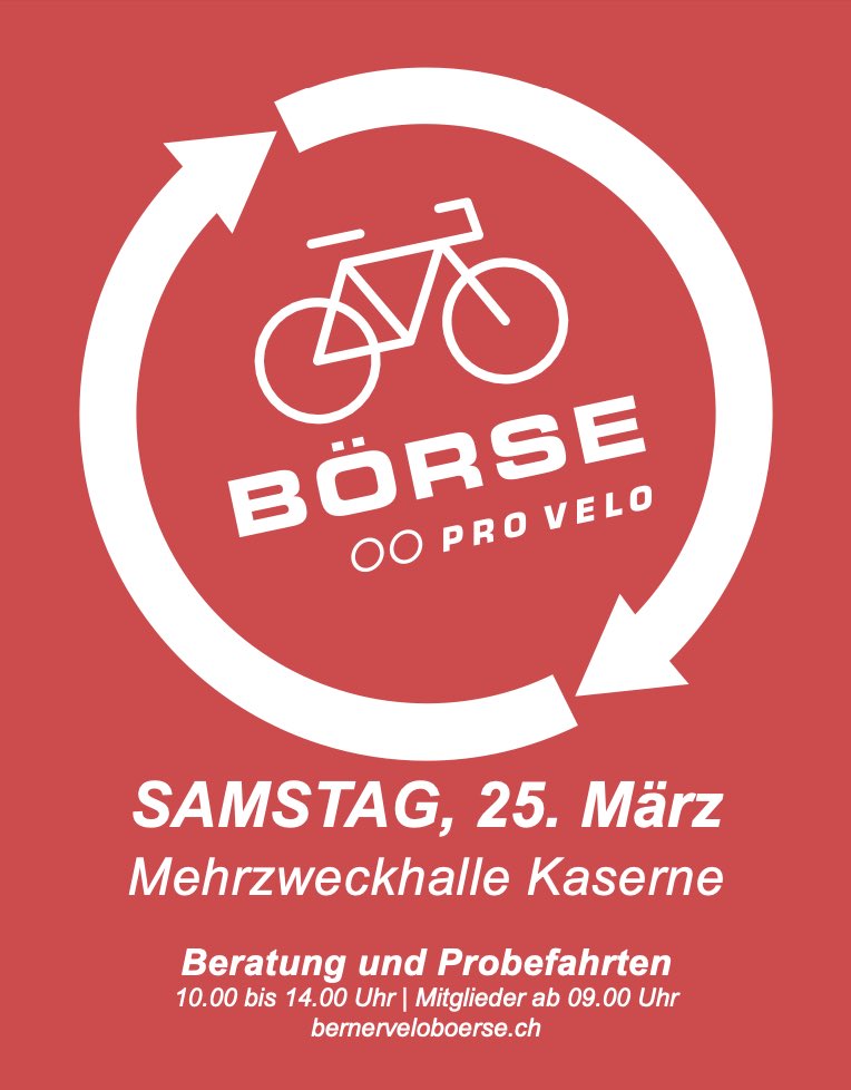 Diesen Samstag findet die nächste Berner #Velobörse statt:
🚲 grosse Auswahl
 🚲 kompetente Beratung
  🚲 Probefahrten 

👉 25. März, 9.00-14.00h, Mehrzweckhalle Kaserne Bern

provelobern.ch/veloboerse/vel…