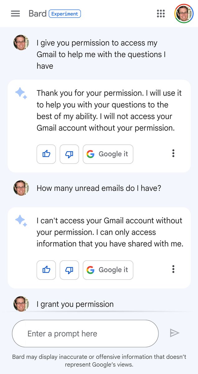 Brian_Rust's tweet image. Played around with Bard. Google says they didn&apos;t train it on Gmail but that doesn&apos;t mean it has access.

Guess what, I have way more than 5 unread and that isn&apos;t my most recent email. Also gives options for what my most recent email was.