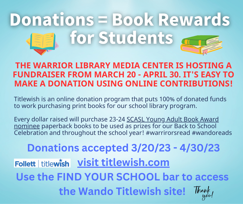 We're happy to kick off our annual Book Rewards Titlewish Fundraiser.  Please consider donating at titlewish.com made possible by our library vendor @FollettLearning #warriorsread #wandoreads #whsreads #readccsd