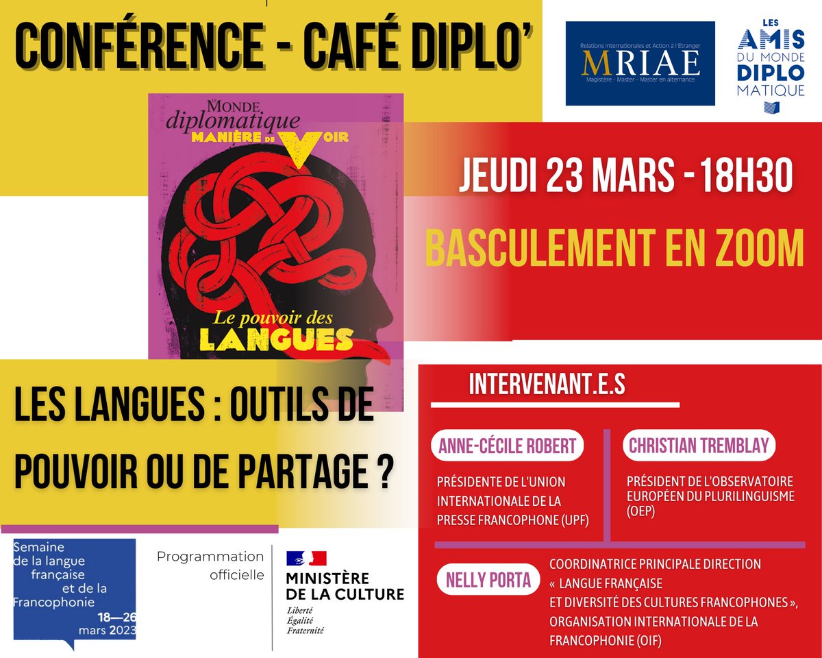 mriaeparis1's tweet photo. 🗣️[ BASCULEMENT EN VISIOCONFÉRENCE]

Au vu des mobilisations, le Café-diplo autour du pouvoir des langues de ce jeudi 23 mars 18h30 bascule en visio-conférence.

🔻 ZOOM OUVERT A TOUS via ce lien : https://t.co/f5VQiXw4M3 https://t.co/DflIYHdxg7