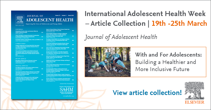 Elsevier is a proud supporter of International Adolescent Health Week – 19 to 25 March. To support this important week, we have selected some popular articles from the Journal of Adolescent Health. @JAdolesHealth View Collection: spkl.io/60194jCSJ