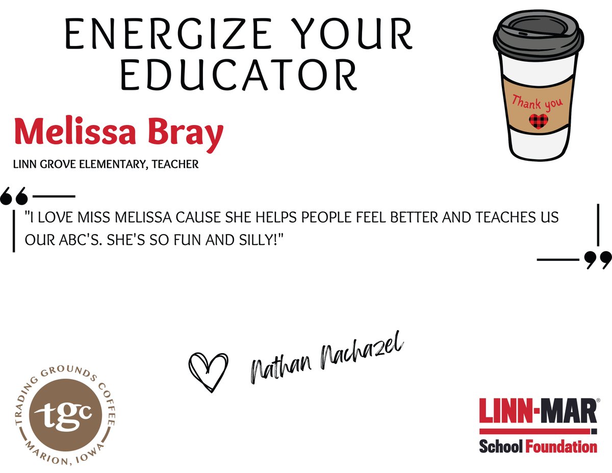 ENERGIZE YOUR EDUCATOR ☕ Congratulations, and thank you❤️🖤

Melissa Bray - Linn Grove Elementary - Teacher

"I love Miss Melissa cause she helps people feel better and teaches us our ABC's. She's so fun and silly!" - Nathan Nachazel

Sponsored by Trading Grounds