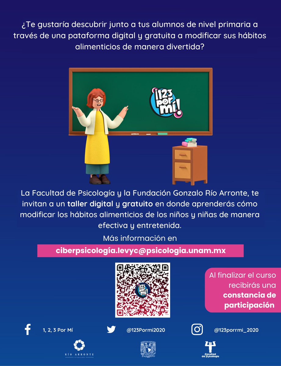 123Pormi2020's tweet photo. Inscríbete a ¡𝟭, 𝟮, 𝟯 𝗣𝗼𝗿 𝗠𝗶́! 𝘆 𝗽𝗼𝗿 𝗺𝗶𝘀 𝗵𝗮́𝗯𝗶𝘁𝗼𝘀 𝗮𝗹𝗶𝗺𝗲𝗻𝘁𝗶𝗰𝗶𝗼𝘀. Un taller digital para Padres y Maestros, donde aprenderán a mejorar los hábitos alimenticios de los niños y niñas totalmente GRATIS.
#psicologia #salud #obesidadinfantil #123PorMi https://t.co/YxVIKil0Rl