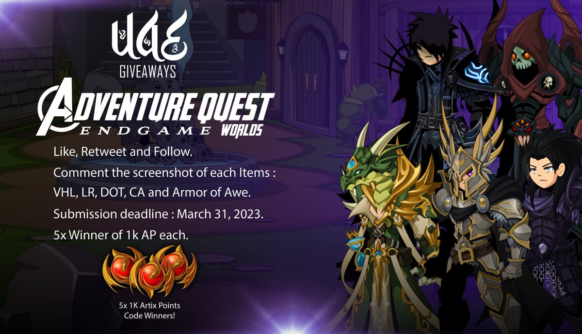AQWorldsUAE's tweet photo. @GiveawaysAE
@LanzAQW 
@Alina_AE

AQW End Game Contest 

Rules 

- Reply your set or Badges with your name
- Follow, Like and Retweet.
- Set Submission Deadline (March 31, 2023)

Thanks to @Skinsmck for making this banner. https://t.co/BCxYXytk1x