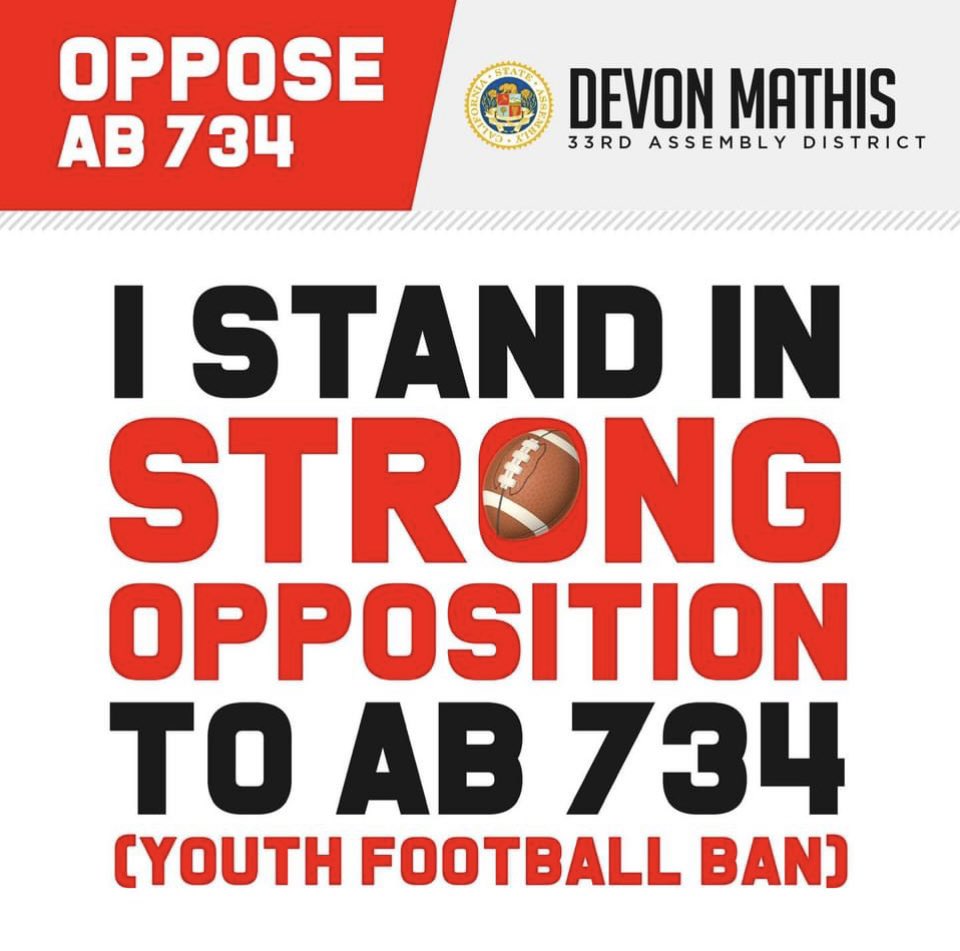 saveyouthfbca's tweet image. If you’re not publicly opposing #AB734 the California Youth 🏈 ban like @AD26Mathis then we assume you support ending the sport in our State. 

Take a stand for the 10s of thousands of 🏈 families in youth &amp;amp; HS 🏈 who oppose this misguided bill. @AssemblyDems @AsmRepublicans
