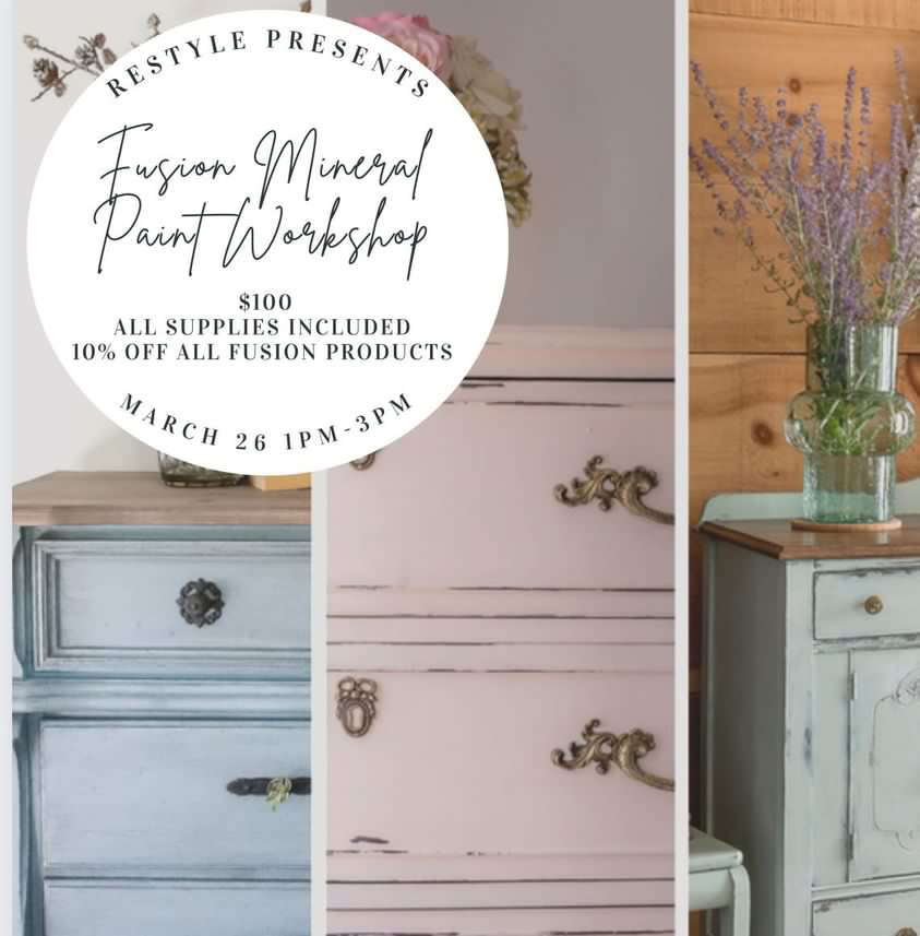 On Sunday March 26th, join <a href="/BeautyRestyle/">ReStyle Beauty Boutique</a> for another paint workshop with Fusion Mineral! From 1-3pm, Bring your small piece of furniture and learn how to 'restyle' it from start to finish! There are only 3 spots left so HURRY! 🎨

*$100 fee; Visit website for more info*