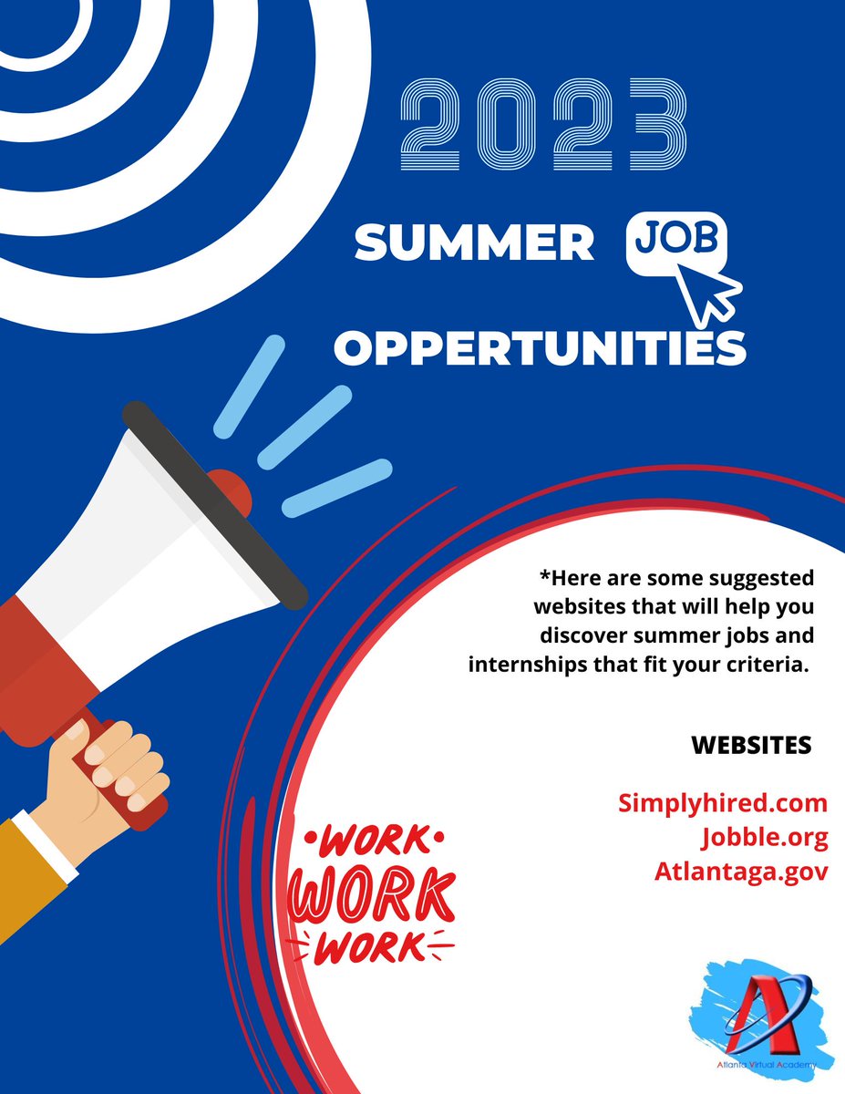 Atlanta_Virtual's tweet photo. AVA scholars, summer is approaching. Get a head start by applying today for local jobs and internships within your community ‼️
#AVAInspires #AVAFlex #APSUpdate https://t.co/MVVGu0T6Ls