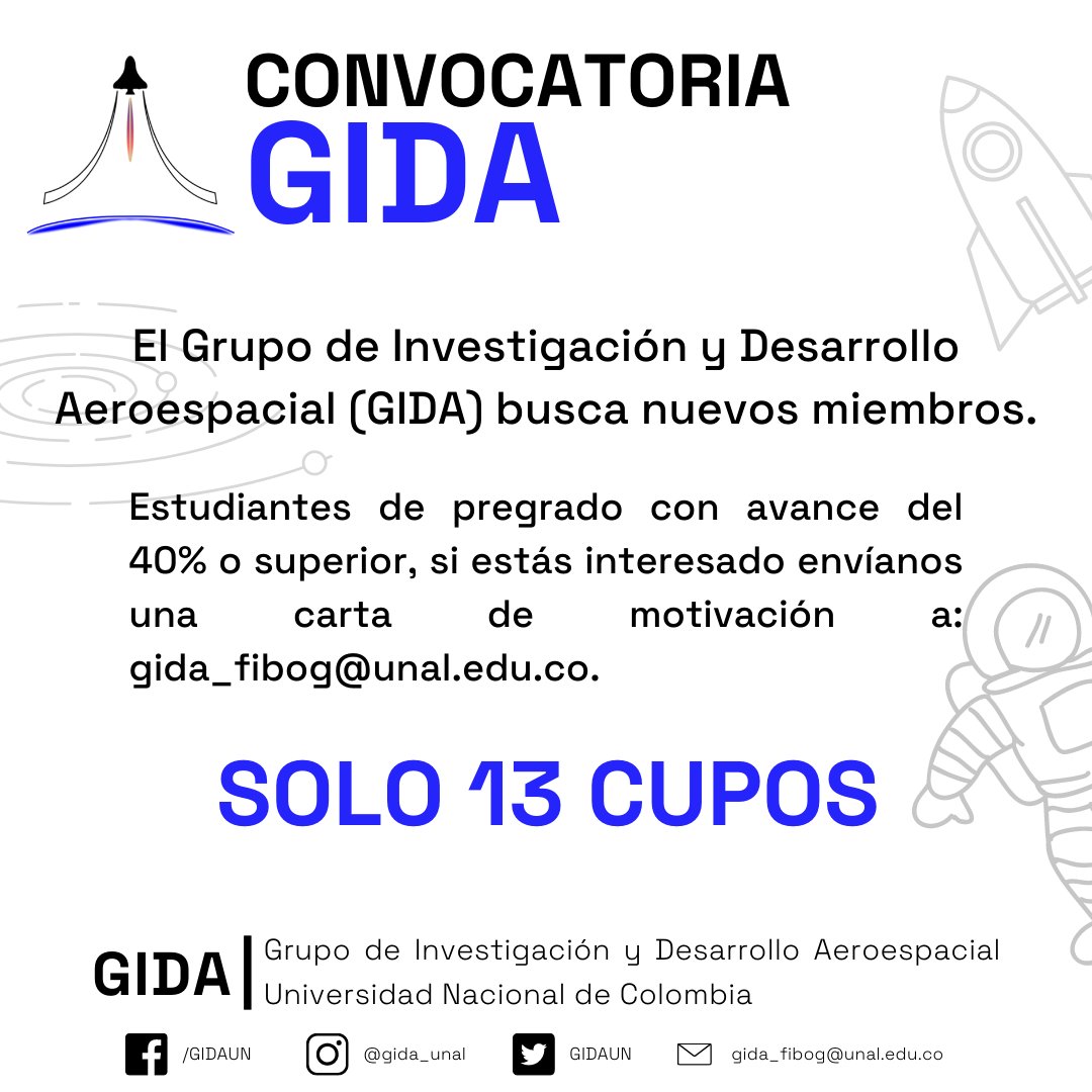 GIDAUN's tweet photo. El Grupo de Investigación y Desarrollo Aeroespacial abre convocatoria para nuevos miembros, si te interesa envíanos una carta de motivación a gida_fibog@unal.edu.co.
#unal https://t.co/1Ejboqom00