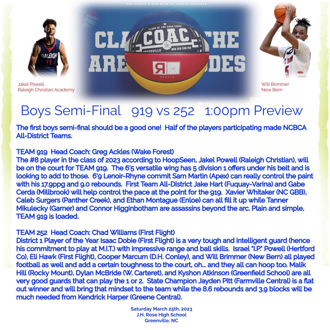 See the preview attached for the first Semi-Final between 919 and 252 Boys. Quality games all day!!! See you Saturday in Greenville!!!