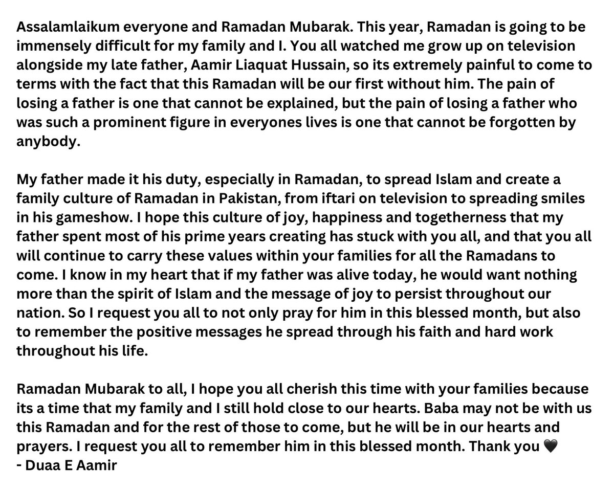 DrBushraIqbal's tweet photo. Ramadan Mubarak Message from Duaa E Aamir daughter of Aamir Liaquat Hussain (Marhoom) #AamirLiaquat 
#Ramadan #RamadanKareem #Ramadan1444 #Ramadan2023 #ThePioneerOfRamazanTransmission https://t.co/9LZID5EABa