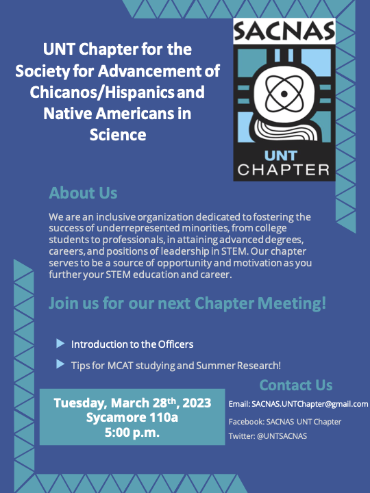 Sacnistas from 
<a href="/UNTScience/">UNT College of Science</a>
 !! At our next meeting we will be introducing our leadership board (officers), MCAT study resources (affordable), and Looking for Summer Research. Hope to see you all there!  #SACNASUNTChapter