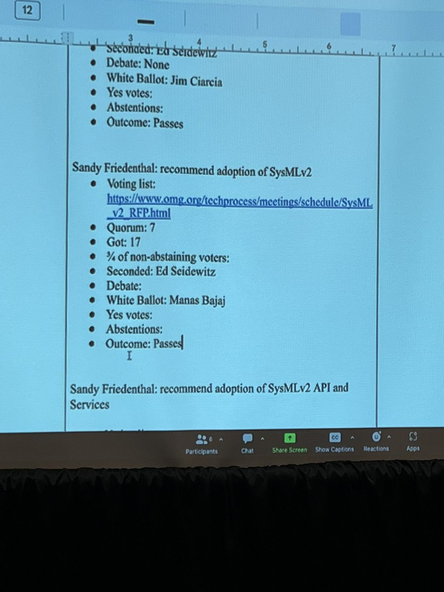 seidewitz's tweet image. Sandy Friedenthal moves, and the Analysis and Design Task Force votes to recommend adoption of all three #SysML submissions. The first step in the adoption process. Yay!
@manasbajaj @ObjectMgmtGroup
#omgtech #mbse