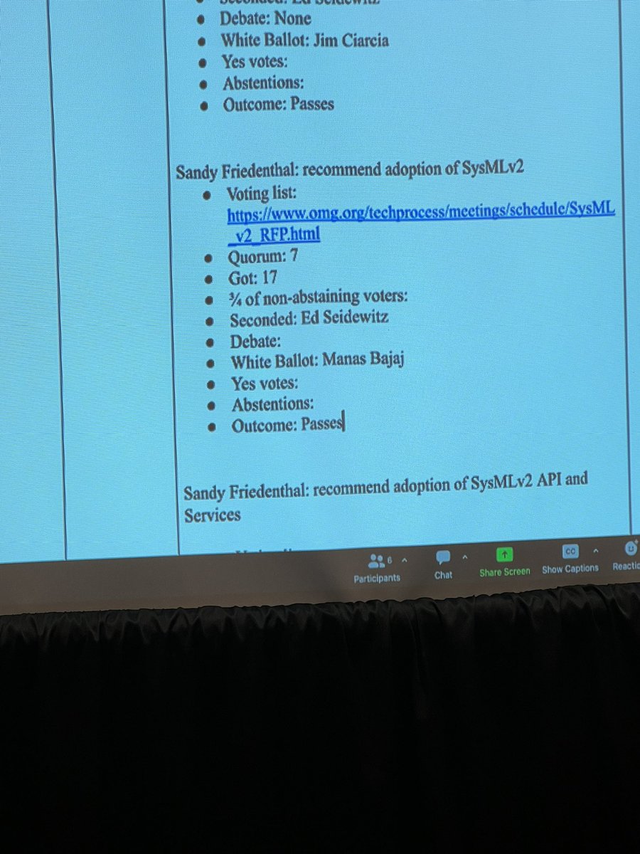 seidewitz's tweet image. Sandy Friedenthal moves, and the Analysis and Design Task Force votes to recommend adoption of all three #SysML submissions. The first step in the adoption process. Yay!
@manasbajaj @ObjectMgmtGroup
#omgtech #mbse